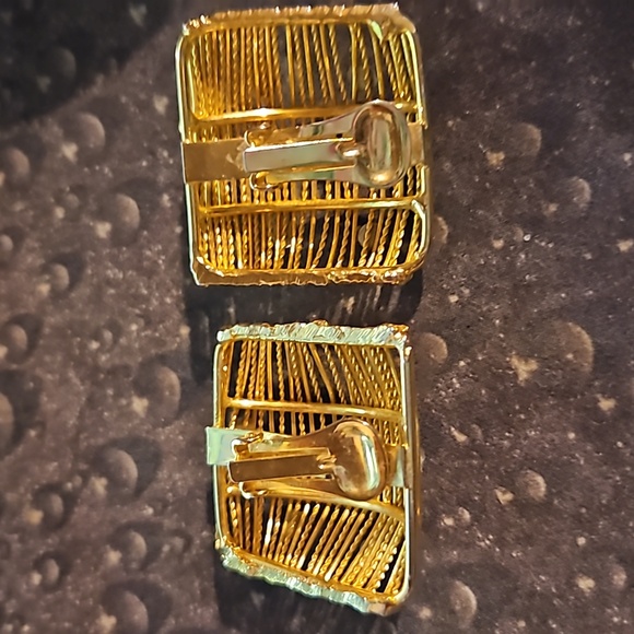 Goldtone Square Rhinestone Clip Earrings - Picture 3 of 3